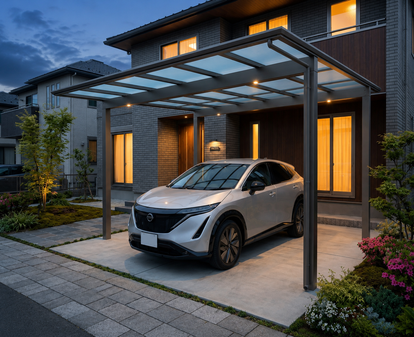 新築戸建の駐車スペースにカーポートを設置している施工イメージ