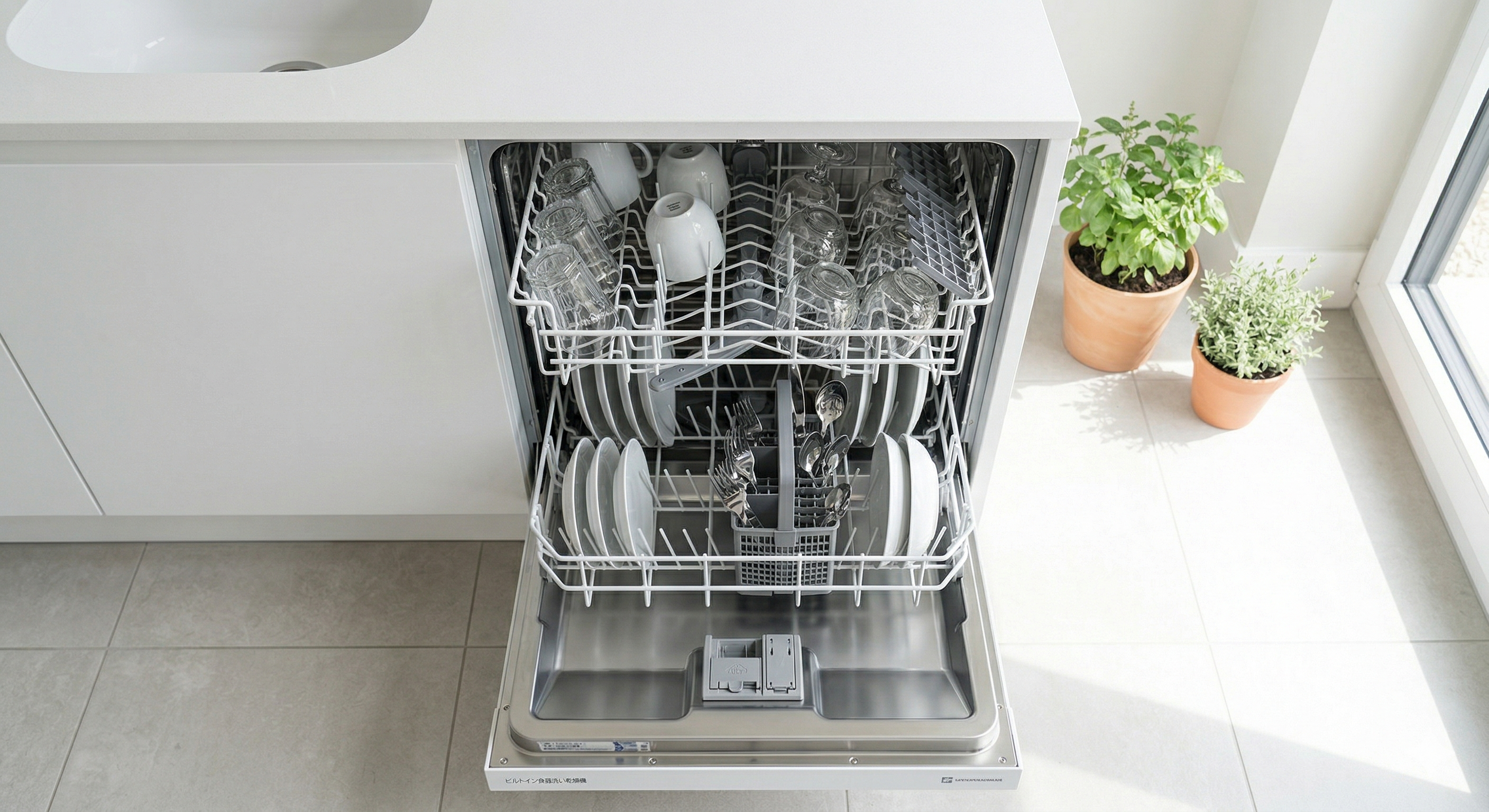 新築戸建のキッチンにビルトイン食洗機を取り付けている施工イメージ