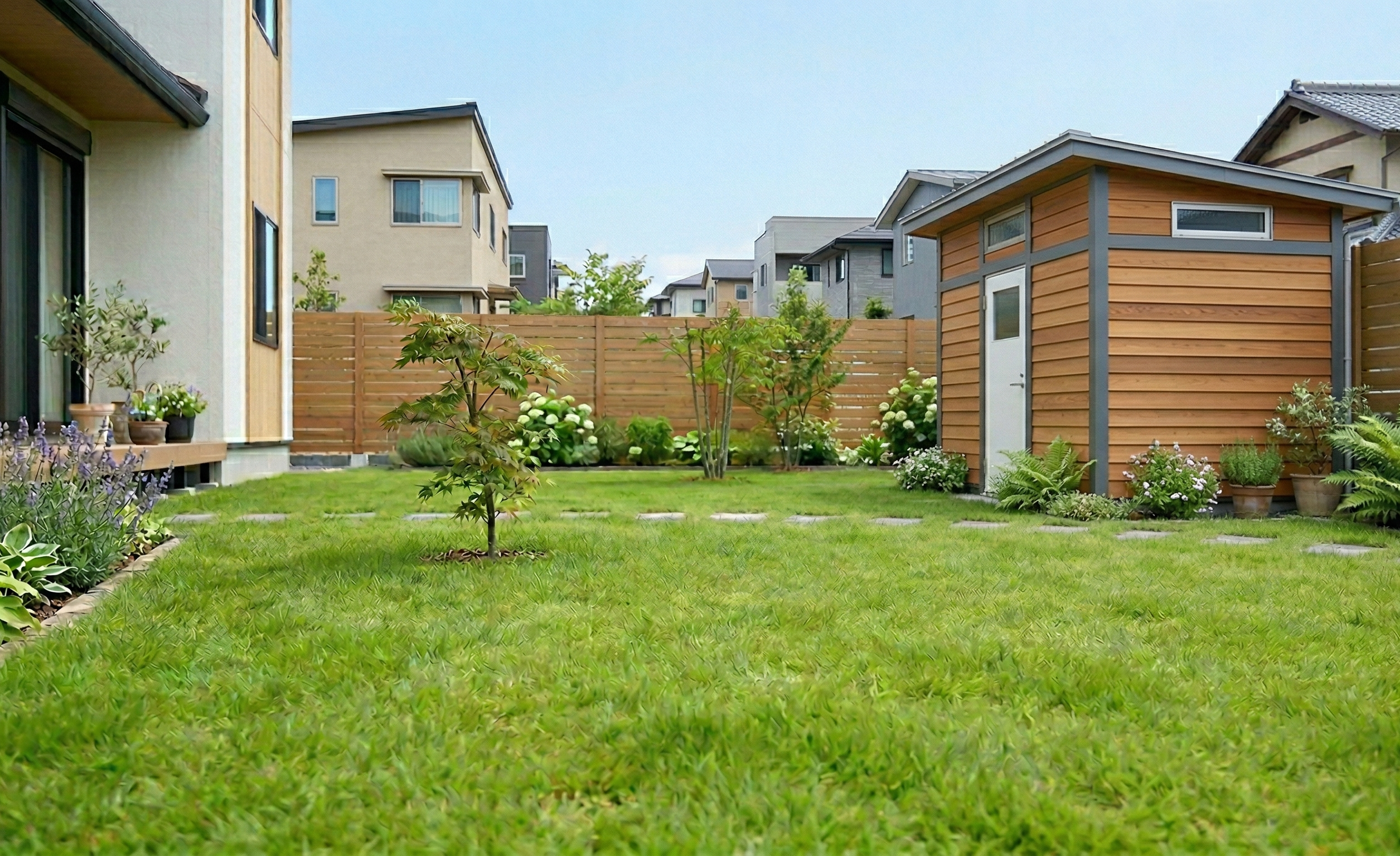 新築戸建の庭に芝を張っている施工イメージ